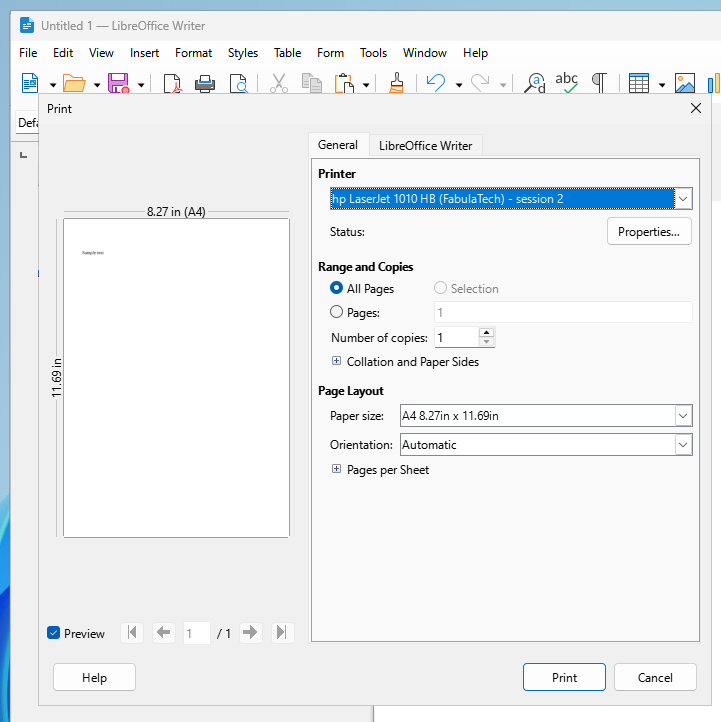 Printer selection dialog